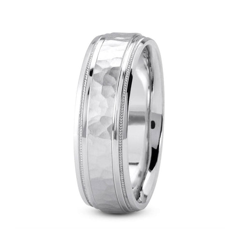 18K White gold 7mm hand made comfort fit wedding band with hammered center and milgrain edges - DELLAFORA