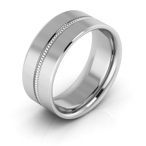 18K White Gold 8mm milgrain grooved design comfort fit wedding band - DELLAFORA