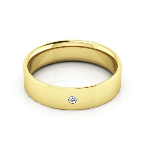 18K Yellow Gold 5mm flat comfort fit diamond wedding band - DELLAFORA
