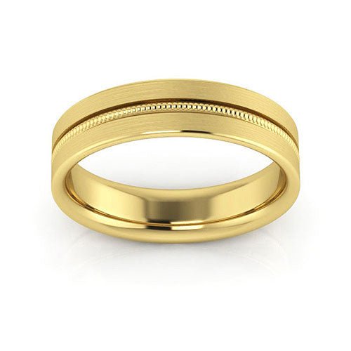 18K Yellow Gold 5mm milgrain grooved design brushed comfort fit wedding band - DELLAFORA