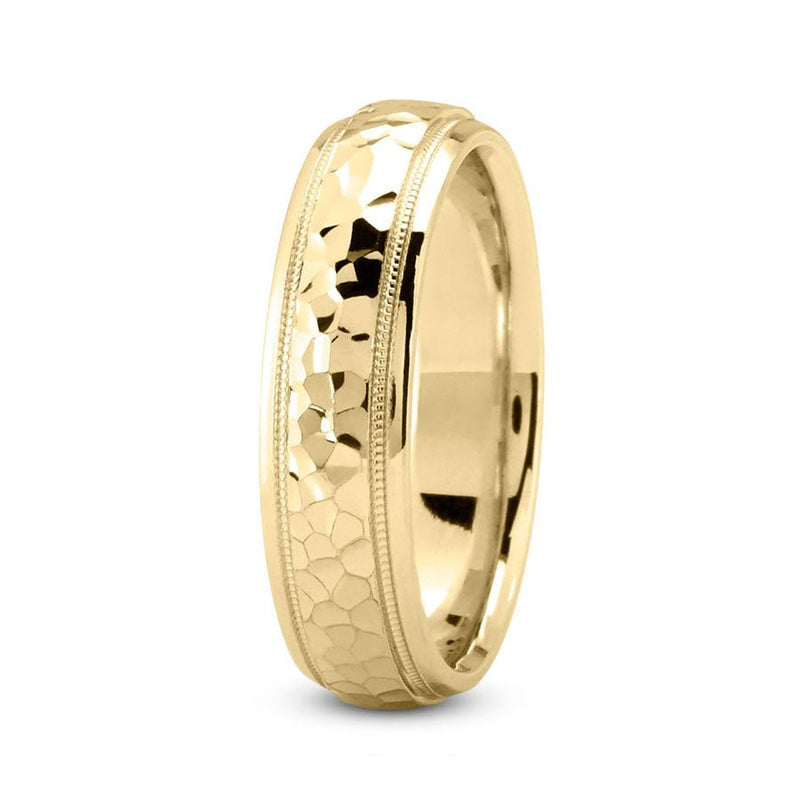 18K Yellow Gold 6mm hand made comfort fit wedding band with hammered and milgrain design - DELLAFORA