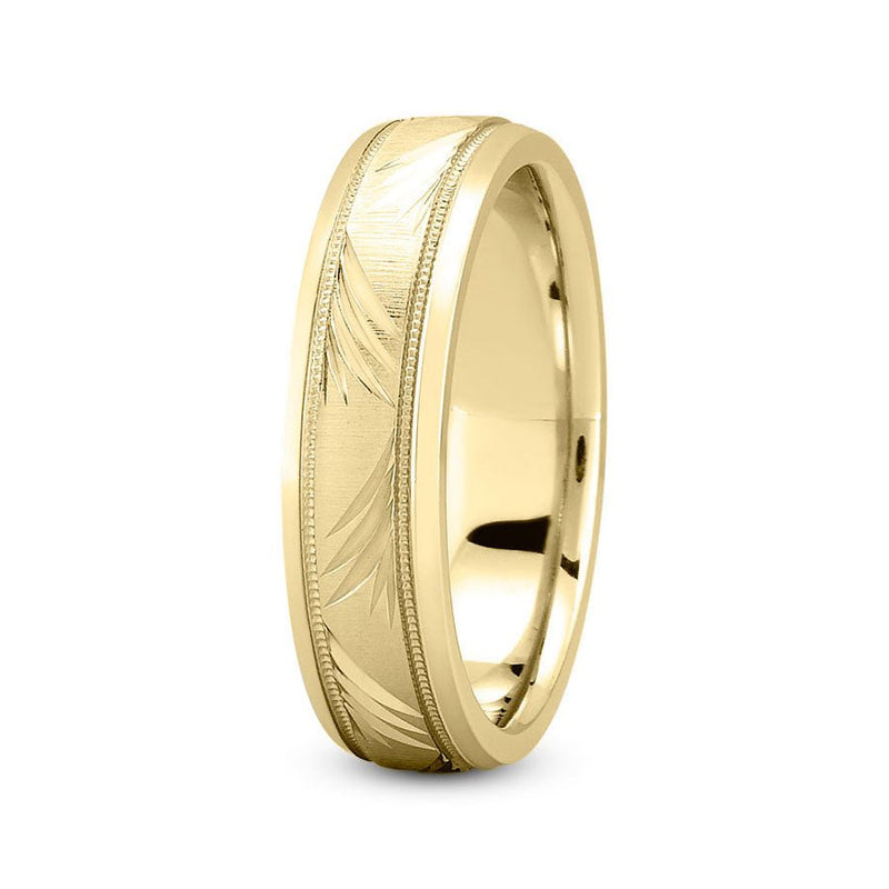 18K Yellow Gold 6mm nature inspired comfort fit wedding band with diagonal leaf and milgrain design - DELLAFORA