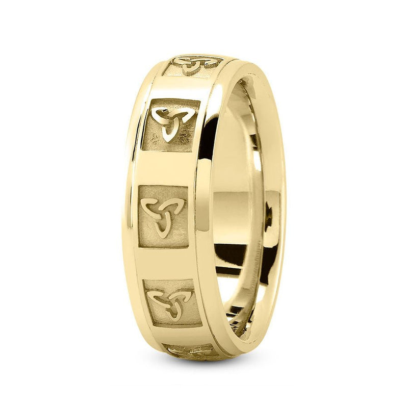 18K Yellow Gold 7mm fancy design comfort fit wedding band with celtic and retangular frame design - DELLAFORA