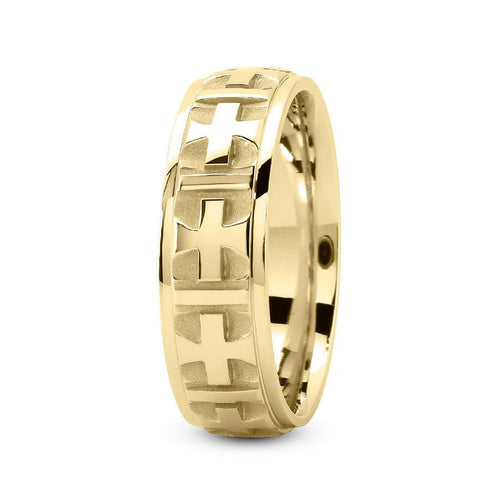 18K Yellow Gold 7mm fancy design comfort fit wedding band with cross center design - DELLAFORA