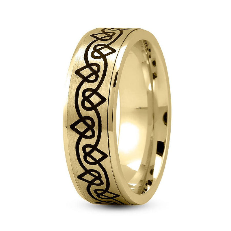 18K Yellow Gold 7mm fancy design comfort fit wedding band with linked hearts design - DELLAFORA