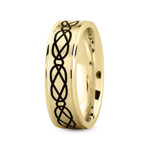 18K Yellow Gold 7mm fancy design comfort fit wedding band with linked pattern design - DELLAFORA