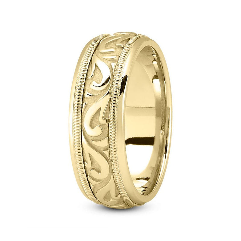 18K Yellow Gold 7mm fancy design comfort fit wedding band with paisley and milgrain design - DELLAFORA