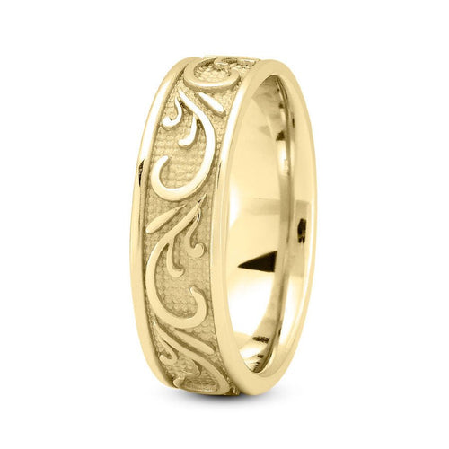 18K Yellow Gold 7mm fancy design comfort fit wedding band with paisley design - DELLAFORA