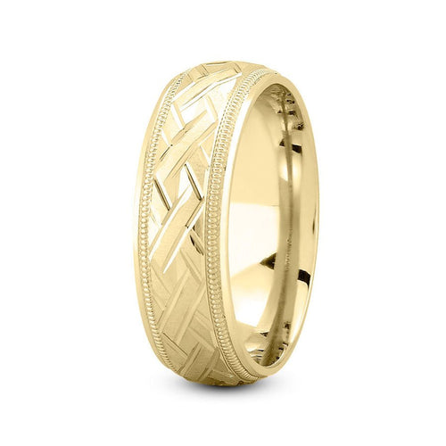 18K Yellow Gold 7mm fancy design comfort fit wedding band with zig zag and milgrain design - DELLAFORA