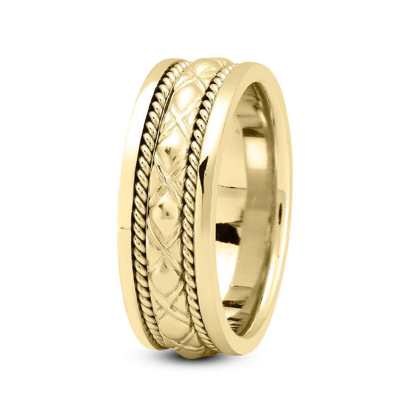 18K Yellow Gold 8mm fancy design comfort fit wedding band with cross cut and rope design - DELLAFORA