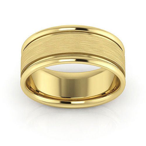 18K Yellow Gold 8mm raised edge design brushed center comfort fit wedding band - DELLAFORA