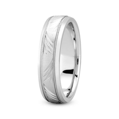 Platinum 6mm nature inspired comfort fit wedding band with diagonal leaf and milgrain design - DELLAFORA