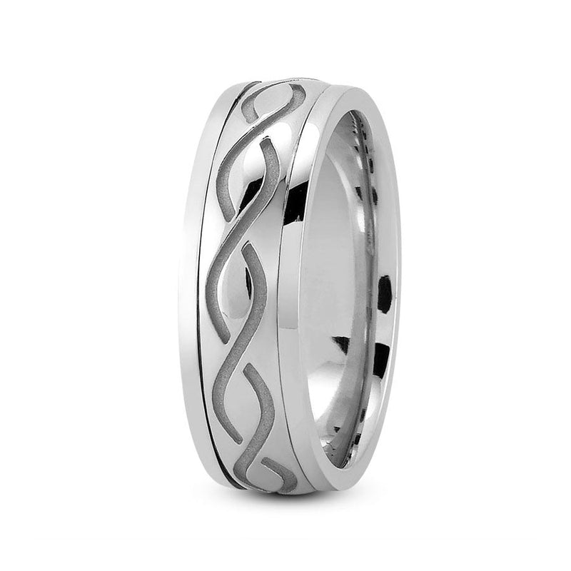 Platinum 7mm fancy design comfort fit wedding band with grooved link design - DELLAFORA