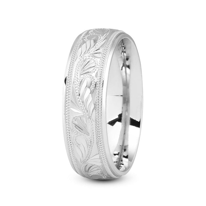 Platinum 7mm fancy design comfort fit wedding band with leaf and milgrain design - DELLAFORA
