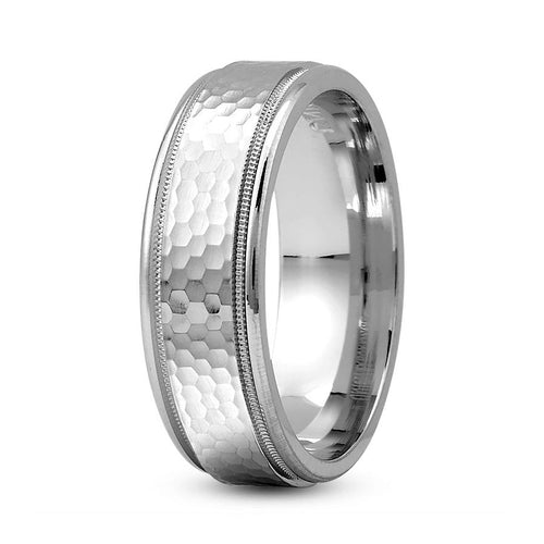 Platinum 7mm hand made comfort fit wedding band with tiny hammered and milgrain design - DELLAFORA