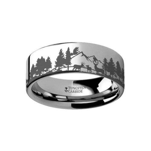 Animal Landscape Scene Reindeer Deer Stag Mountain Range Ring Engraved Flat Tungsten Carbide Ring - 8mm - DELLAFORA
