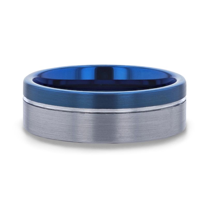 ATLANTIC Duo Color Brushed Center Tungsten Carbide Men's Wedding Band With Blue Ion Plating Inside the Band - 8mm - DELLAFORA