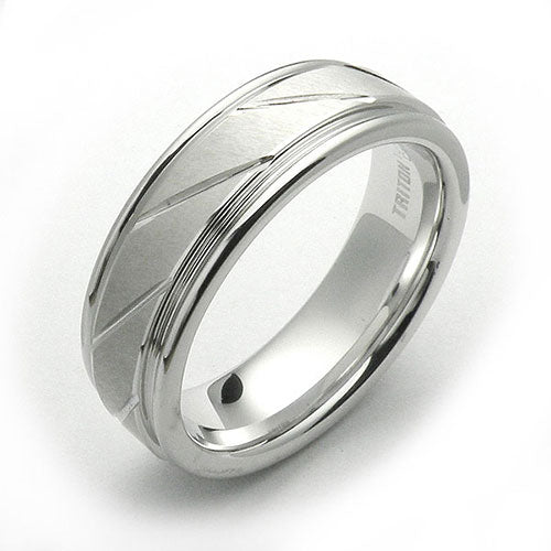 Clearance: White tungsten 7mm fancy raised edge diagonal line comfort fit wedding band - DELLAFORA
