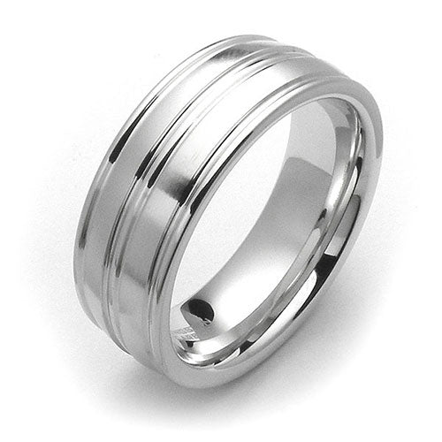 Clearance: White tungsten 8mm fancy raised edge brushed center line comfort fit wedding band - DELLAFORA