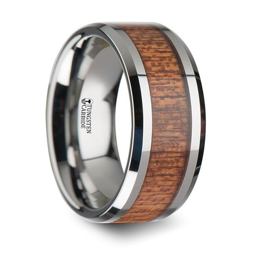 CONGO Tungsten Wedding Band with Polished Bevels and African Sapele Wood Inlay - 10mm - DELLAFORA