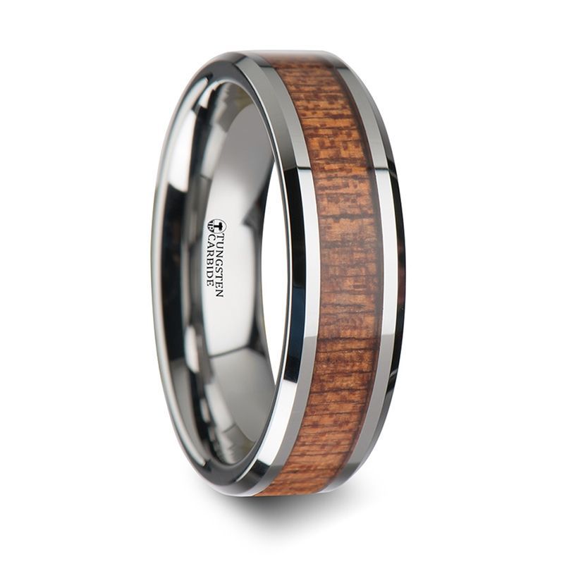 CONGO Tungsten Wedding Band with Polished Bevels and African Sapele Wood Inlay - 6mm - DELLAFORA