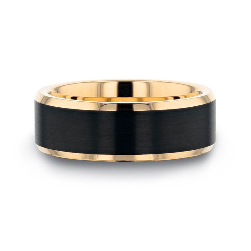 GASTON Gold Plated Tungsten Polished Beveled Ring with Brushed Black Center - 8mm - DELLAFORA