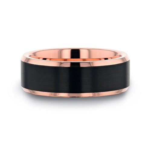 HAYDEN Rose Gold Plated Tungsten Carbide Polished Beveled Ring with Brushed Black Center - 8mm - DELLAFORA