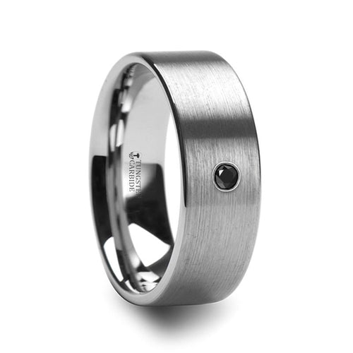 IRENAEUS Flat Brushed Tungsten Carbide Men's Wedding Ring with Black Diamond - 6mm - DELLAFORA