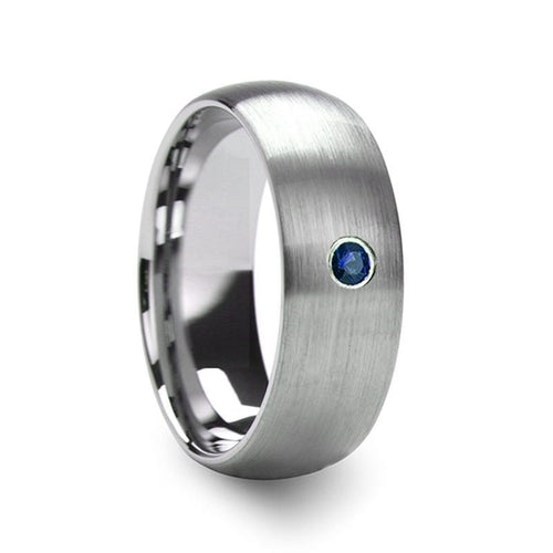 MELANTHIOS Men's Domed Brushed Tungsten Carbide Wedding Ring with Blue Diamond Center - 6mm - DELLAFORA