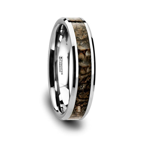 ORDOVICIAN Dinosaur Bone Inlaid Tungsten Carbide Beveled Edged Ring - 4mm - DELLAFORA