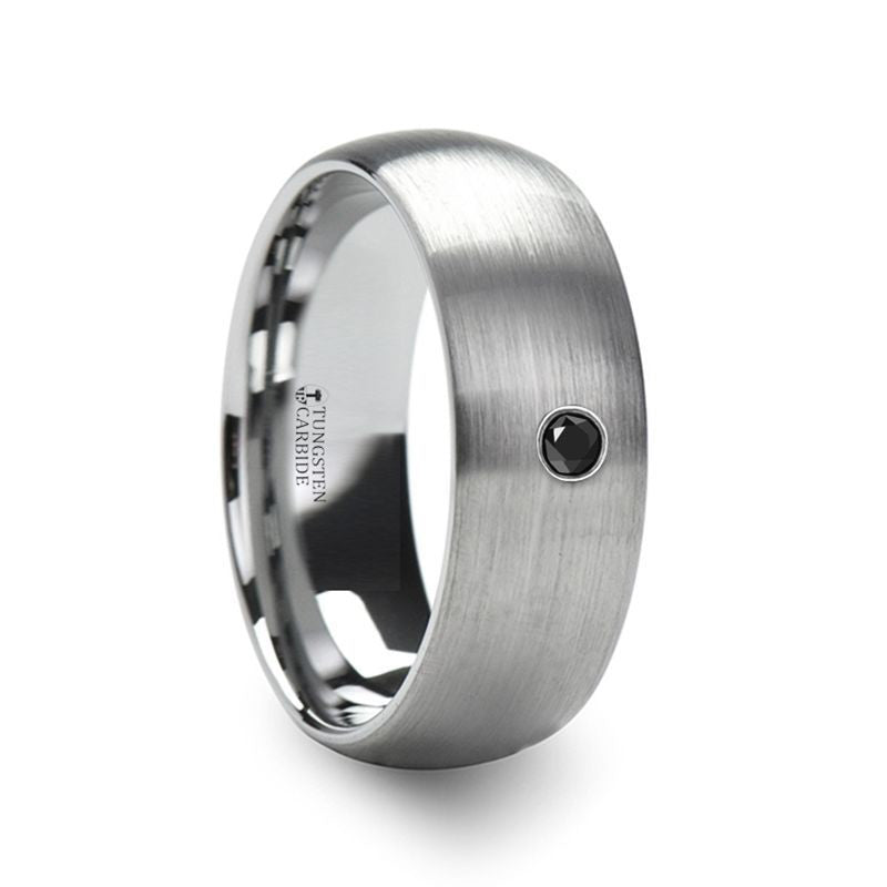 PERSEID Tungsten Carbide Brushed Finish Domed Ring with Black Diamond - 8mm - DELLAFORA