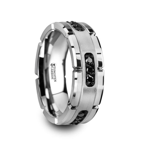 VALOR Grooved Tungsten Carbide Ring with Silver Inlay & Black Diamonds - 8mm - DELLAFORA